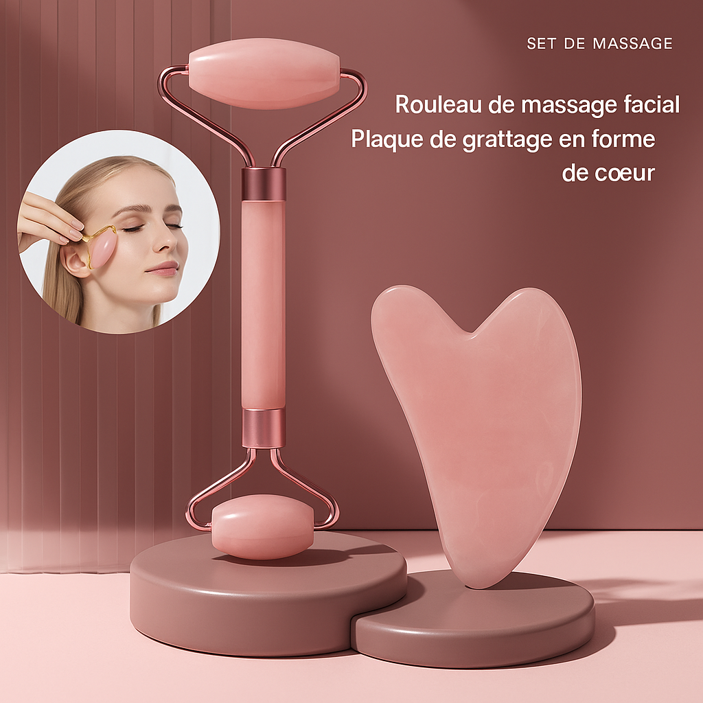 Roller Visage en Quartz Rose Naturel, L’outil beauté anti-âge 2 en 1 pour une peau éclatante et sans poches"