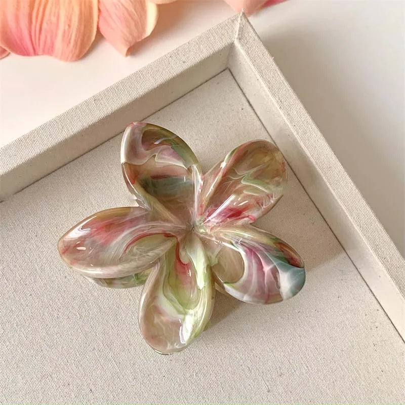 🌸 Pince à Cheveux Fleur d'Été en Acrylique – 🌿 Motif Marbré ✨
