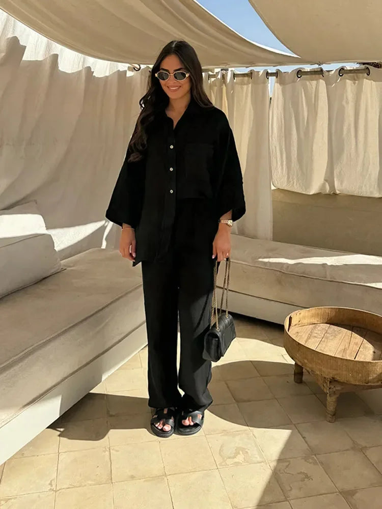 Ensemble Vintage Femme 2 Pièces : Chemise Ample à Revers & Pantalon Large