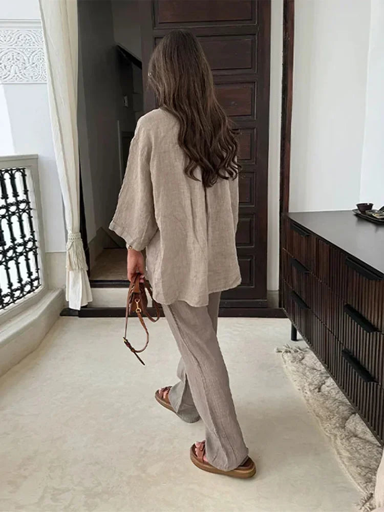 Ensemble Vintage Femme 2 Pièces : Chemise Ample à Revers & Pantalon Large