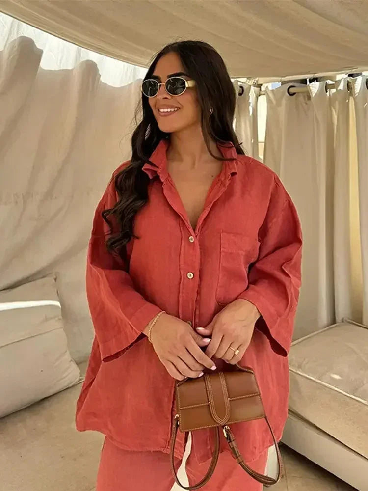 Ensemble Vintage Femme 2 Pièces : Chemise Ample à Revers & Pantalon Large