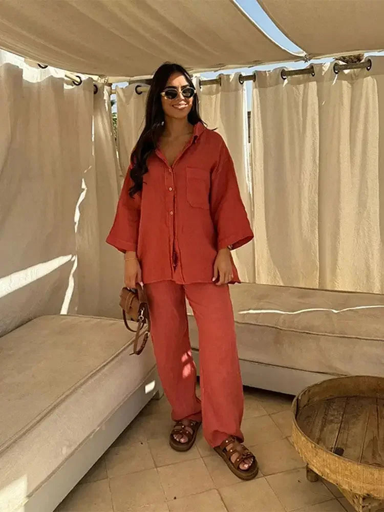 Ensemble Vintage Femme 2 Pièces : Chemise Ample à Revers & Pantalon Large