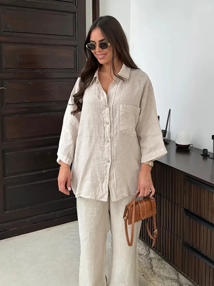 Ensemble Vintage Femme 2 Pièces : Chemise Ample à Revers & Pantalon Large