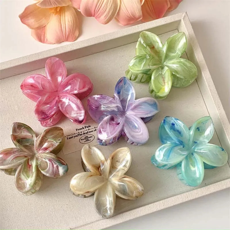 🌸 Pince à Cheveux Fleur d'Été en Acrylique – 🌿 Motif Marbré ✨