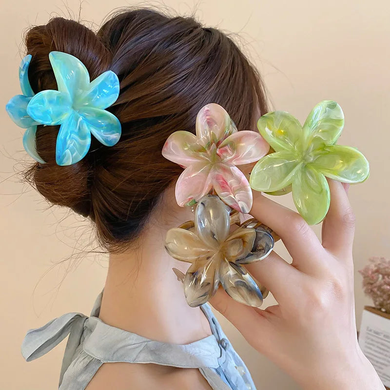 🌸 Pince à Cheveux Fleur d'Été en Acrylique – 🌿 Motif Marbré ✨