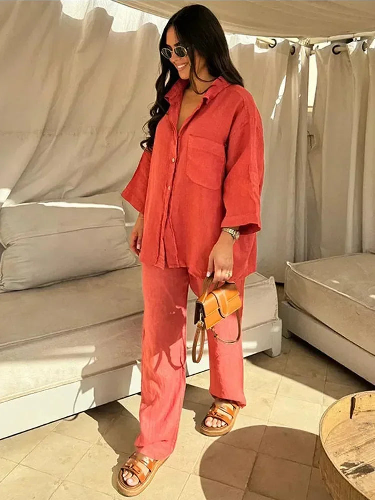 Ensemble Vintage Femme 2 Pièces : Chemise Ample à Revers & Pantalon Large
