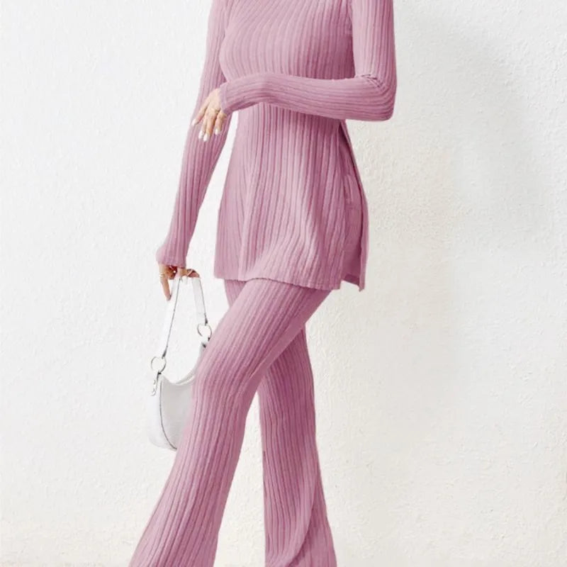 Ensemble Deux Pièces Femme — Chic et Sexy, Manches Longues, Col Rond, Coupe Élégante avec Fente, Style Casual et Mode