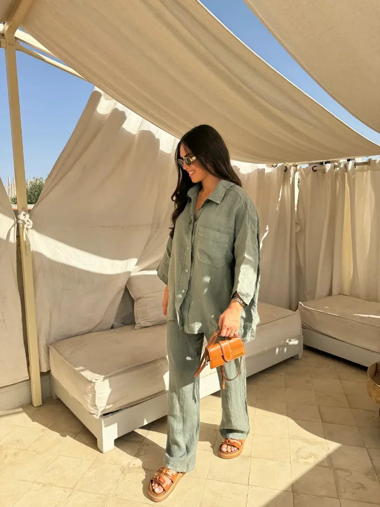 Ensemble Vintage Femme 2 Pièces : Chemise Ample à Revers & Pantalon Large
