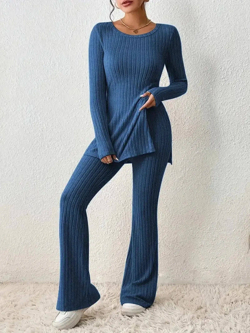 Ensemble Deux Pièces Femme — Chic et Sexy, Manches Longues, Col Rond, Coupe Élégante avec Fente, Style Casual et Mode