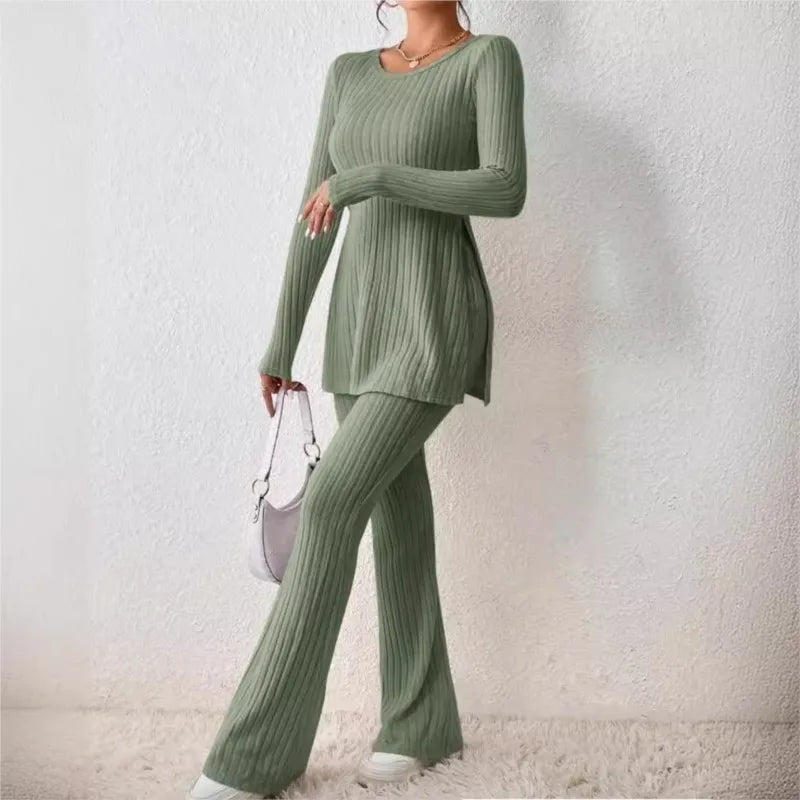 Ensemble Deux Pièces Femme — Chic et Sexy, Manches Longues, Col Rond, Coupe Élégante avec Fente, Style Casual et Mode