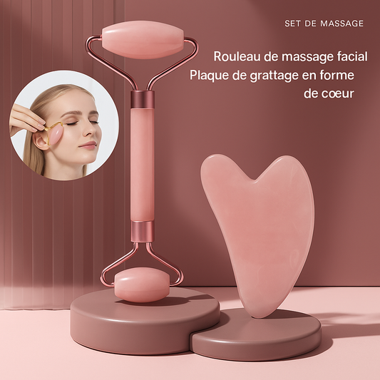 Roller Visage en Quartz Rose Naturel, L’outil beauté anti-âge 2 en 1 pour une peau éclatante et sans poches"