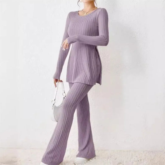 Ensemble Deux Pièces Femme — Chic et Sexy, Manches Longues, Col Rond, Coupe Élégante avec Fente, Style Casual et Mode